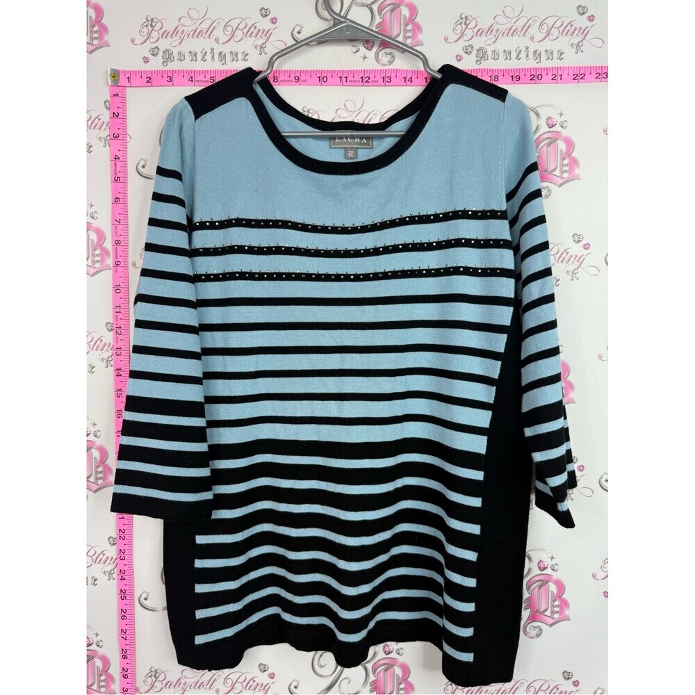 Laura long sleeve rhinestone stud Light Blue & Black Striped Long Sleeve Tee